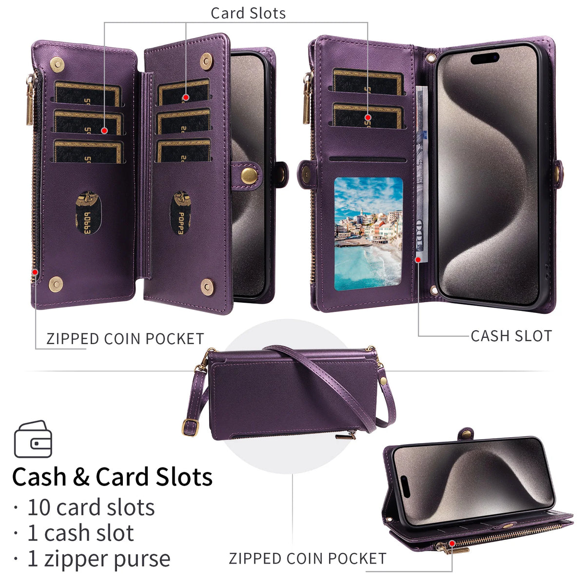 Crossbody Zipper Wallet Phone Case with Stand for Redmi Note 11S, Redmi Note 10 5G, Redmi Note 10 4G, Redmi Note 10S, Redmi Note 9 Pro, Redmi Note 9, Redmi Note 9S, Redmi Note 8 Pro, Redmi Note 8, Redmi Note 15 Pro 5G & More Models