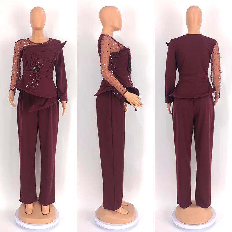 Women's Beaded Mesh Ruffle Blazer & Pants Set