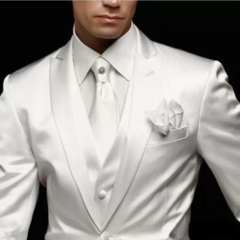 Men's White Satin 3-Piece Peak Lapel Suit Set — product view