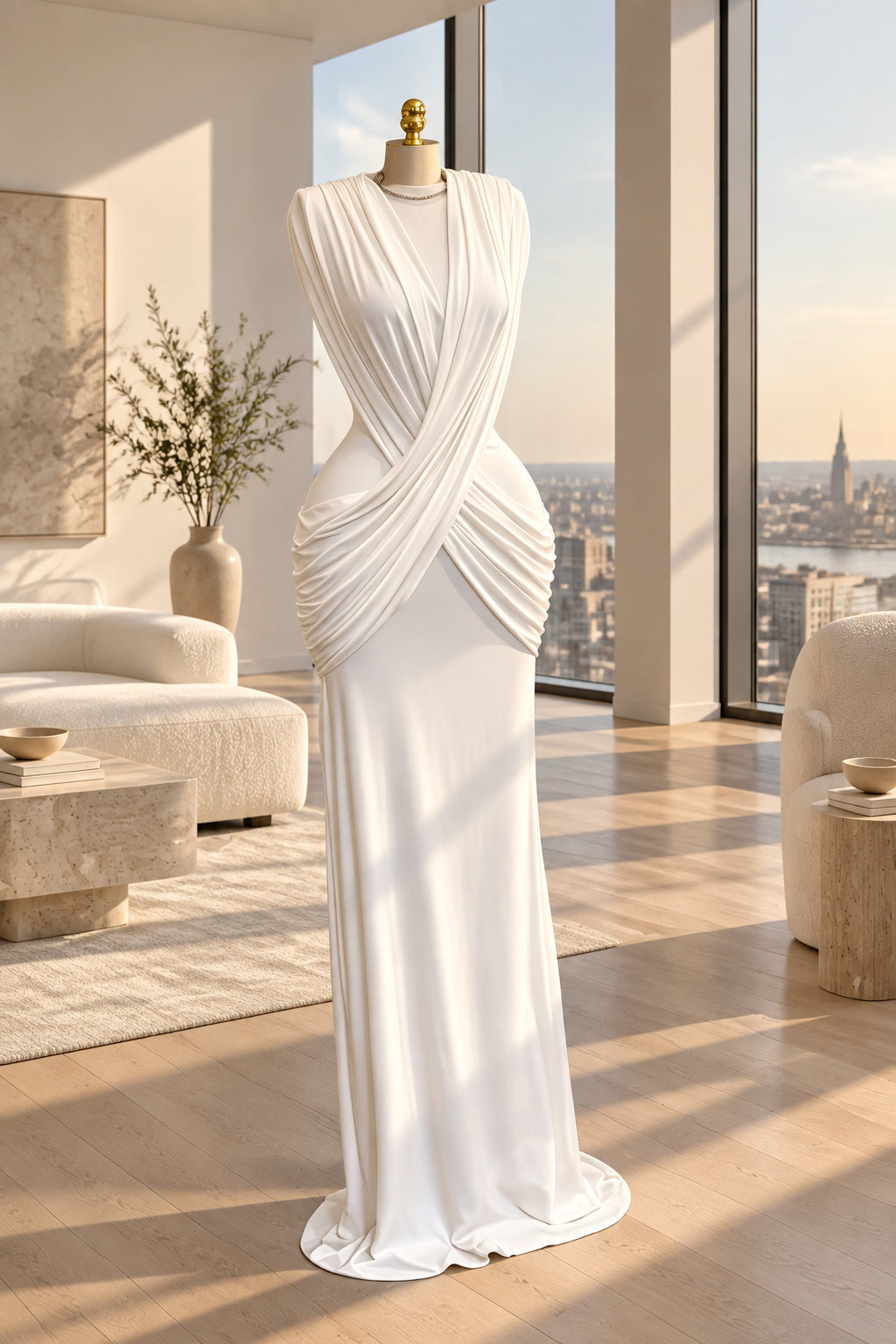 A white sleeveless evening gown with dramatic draped and twisted detailing across the bodice, displayed on a mannequin in an indoor showroom setting with curtains, a plant, and a side table.