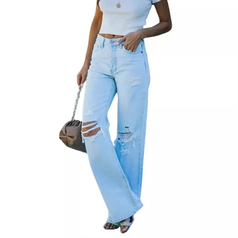 Women's Light-Wash Ripped Straight-Leg Jeans — product view
