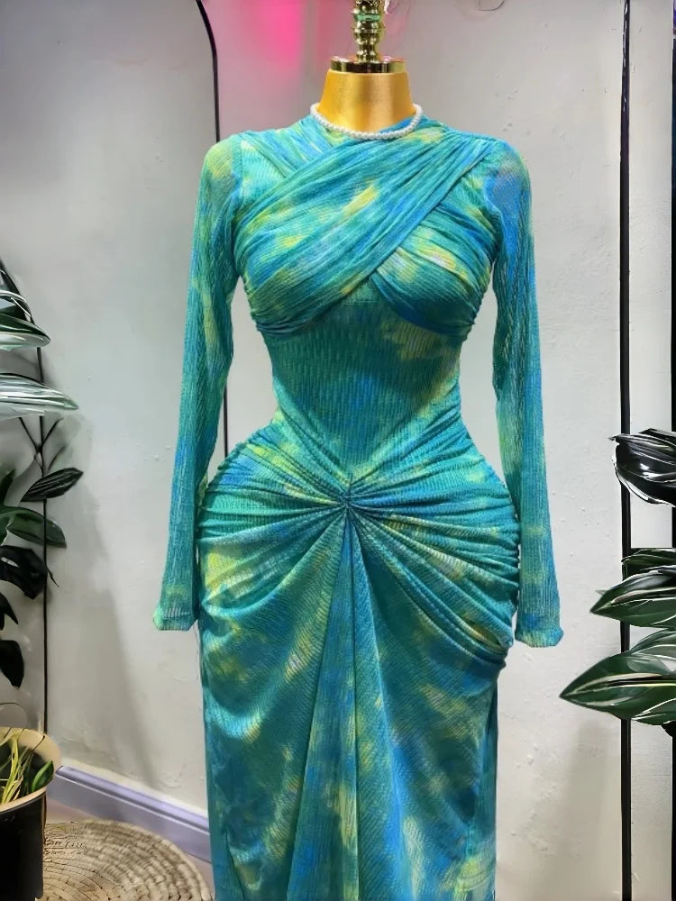 Women's Tie-Dye Wrap-Style Bodycon Maxi Dress