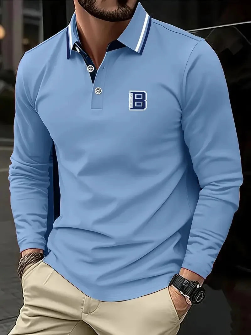 Men's Graphic Print Long-Sleeve Polo Shirt