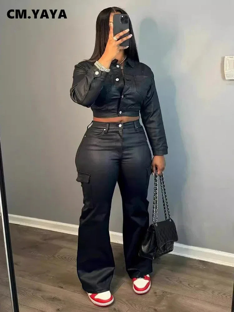 Women's Faux Leather Jacket & Flared Pants Set