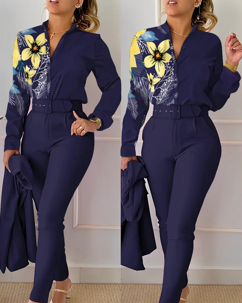 Women's Printed Long-Sleeve Shirt & Pants Set