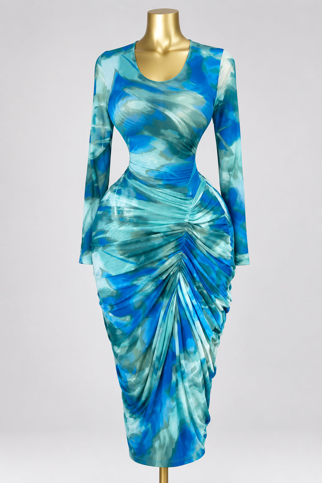 Women's Tie-Dye Ruched Long-Sleeve Dress