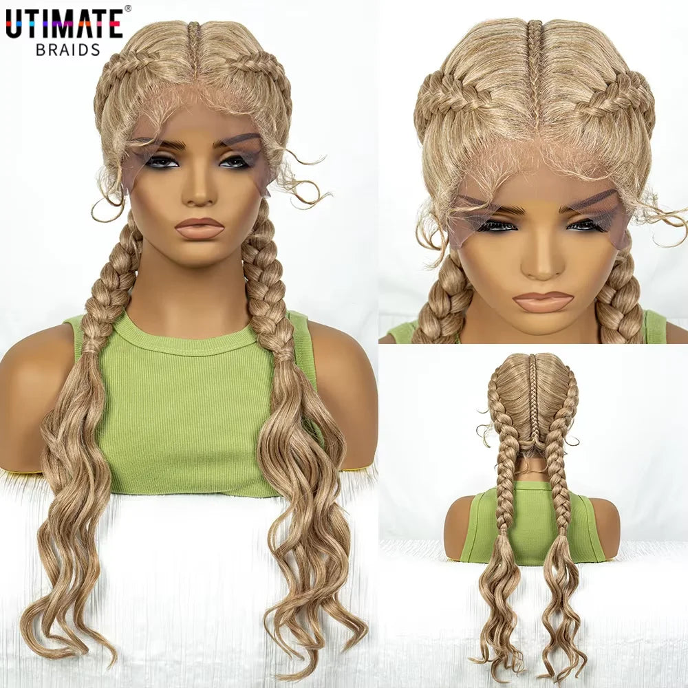 Synthetic Cornrow Braided Wig with Curly Wave Lace Frontal Afro Hair - OSASCO