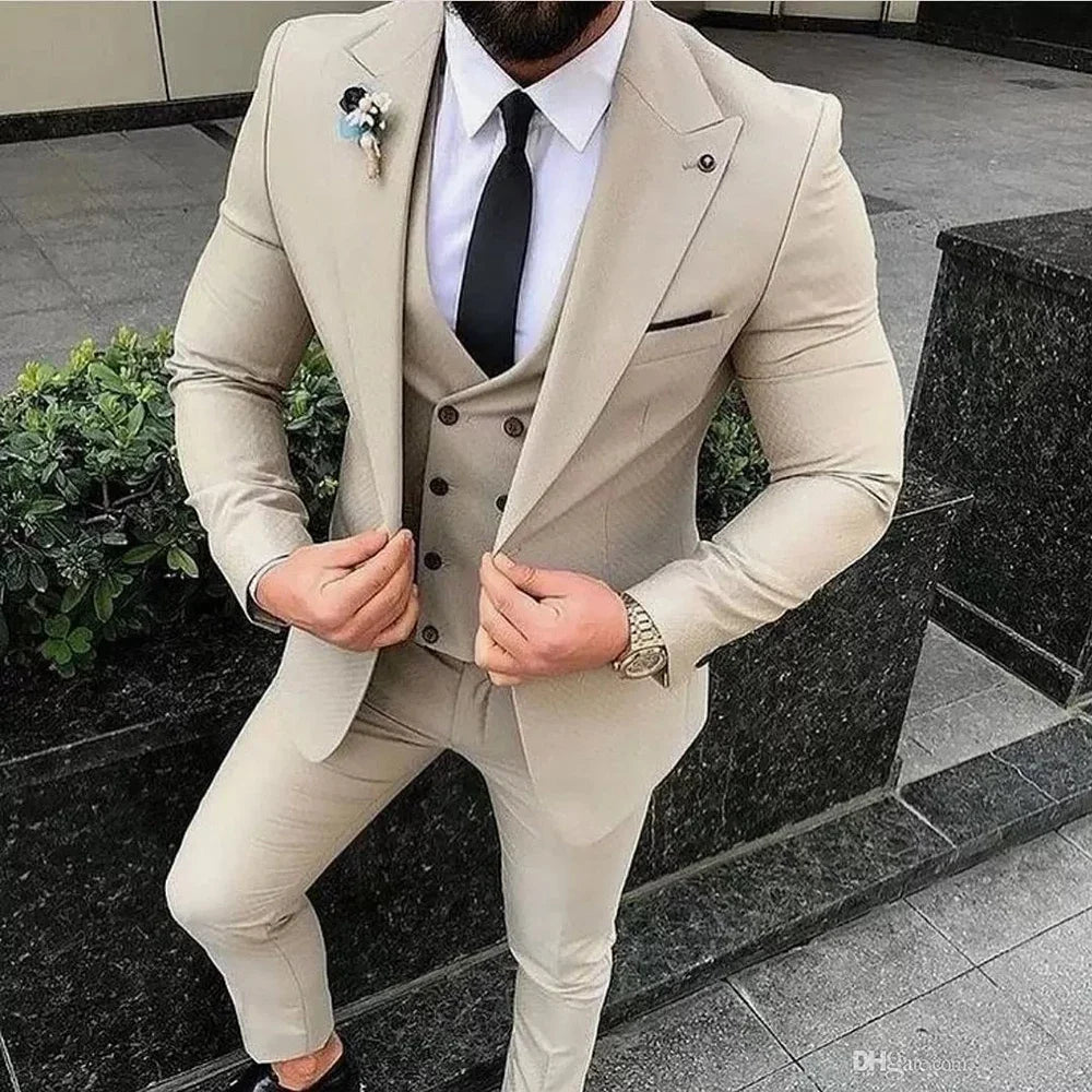 Men's Beige 3-Piece Slim Fit Peak Lapel Suit Set — product view