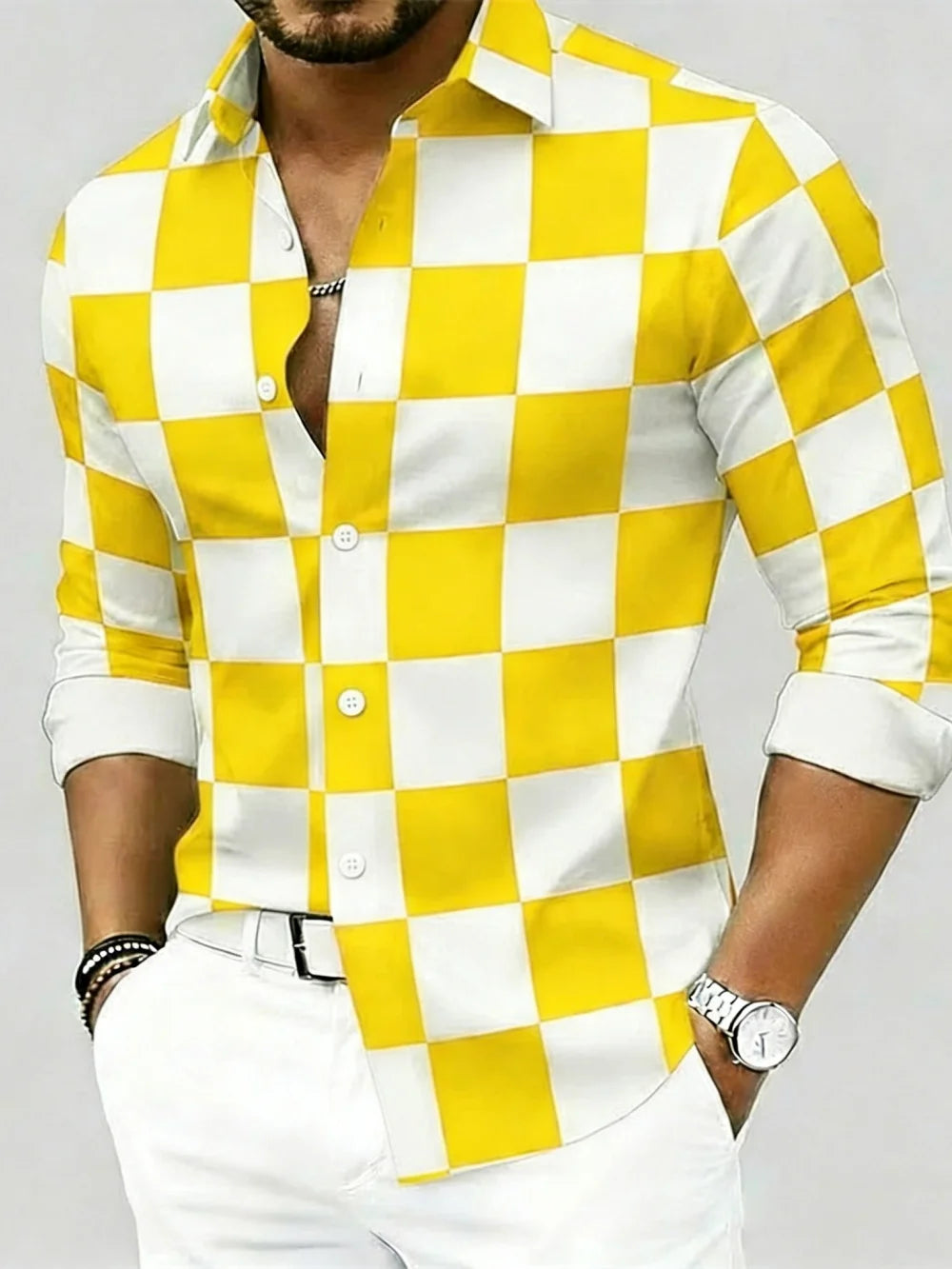 Men's Check Print Long-Sleeve Casual Shirt