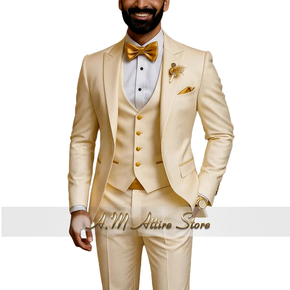 Men's Gold Peak-Lapel Three-Piece Suit Set — product view