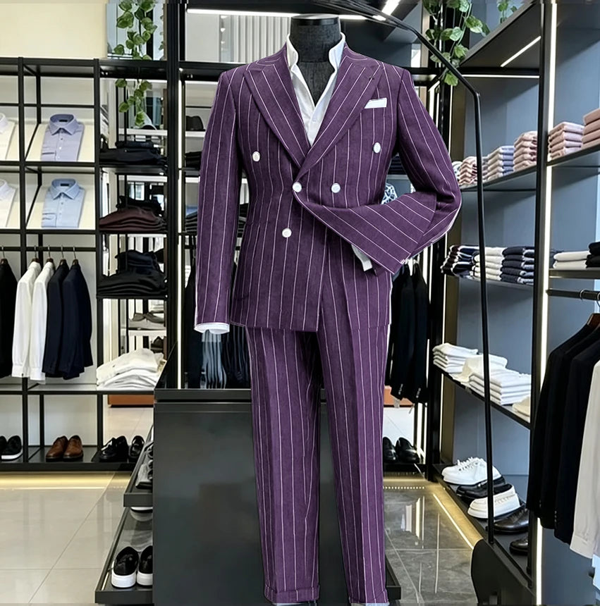Men's Light Grey Pinstripe 2-Piece Double-Breasted Suit Set — product view