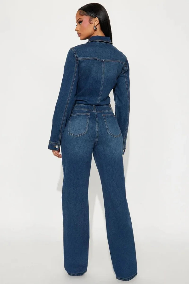 Women's Long-Sleeve Collared Denim Jumpsuit