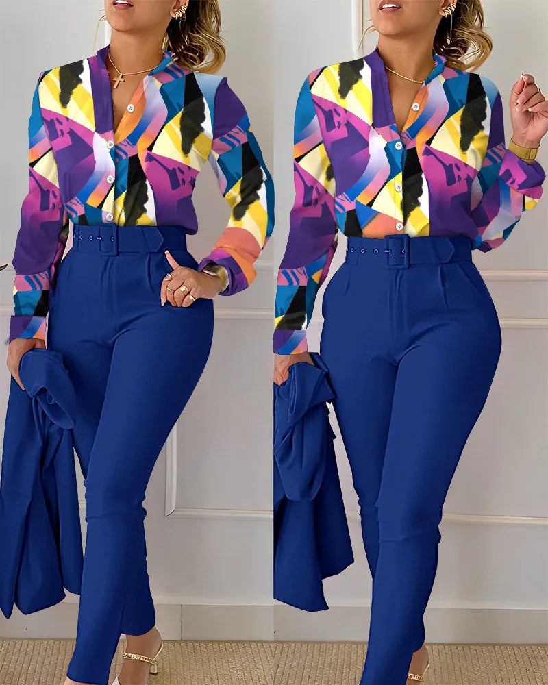 Women's Printed Long-Sleeve Shirt & Pants Set