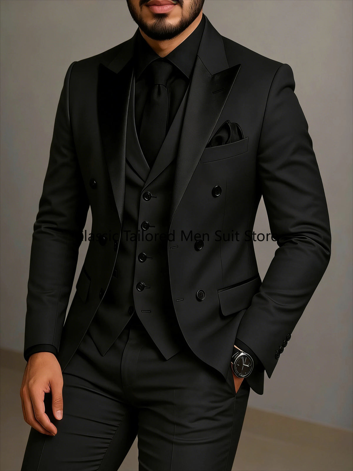 Men's Beige Slim-Fit Double-Breasted Suit Set — product view