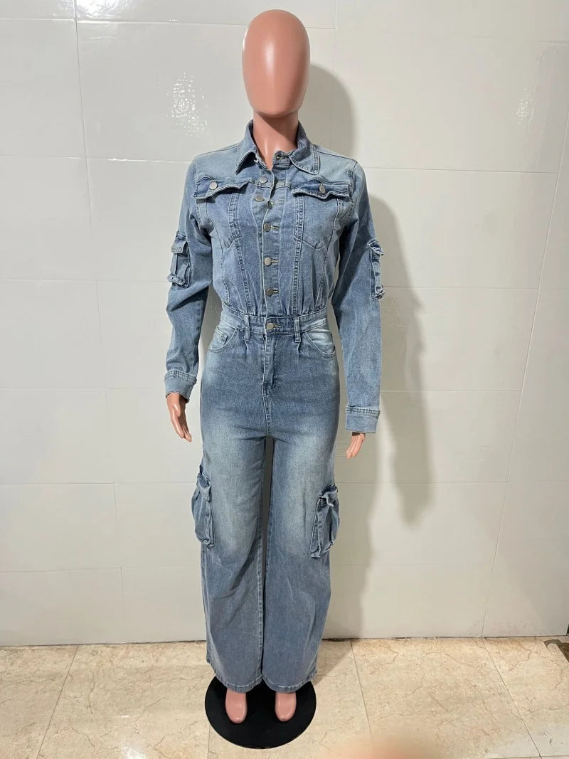 Women's Multi-Pocket Straight-Leg Denim Jumpsuit