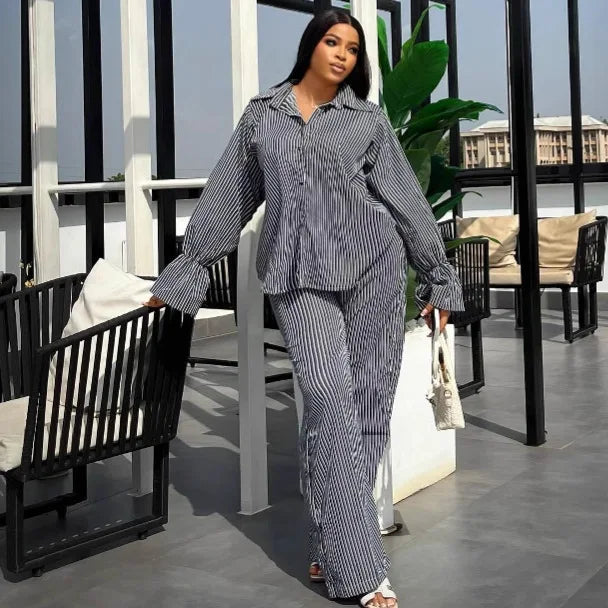 Women's Striped Blouse & Wide-Leg Pants Set