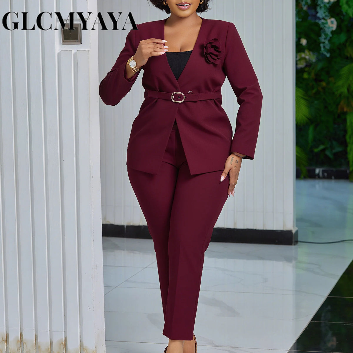 Women's Floral-Detail Belted Blazer & Pants Set