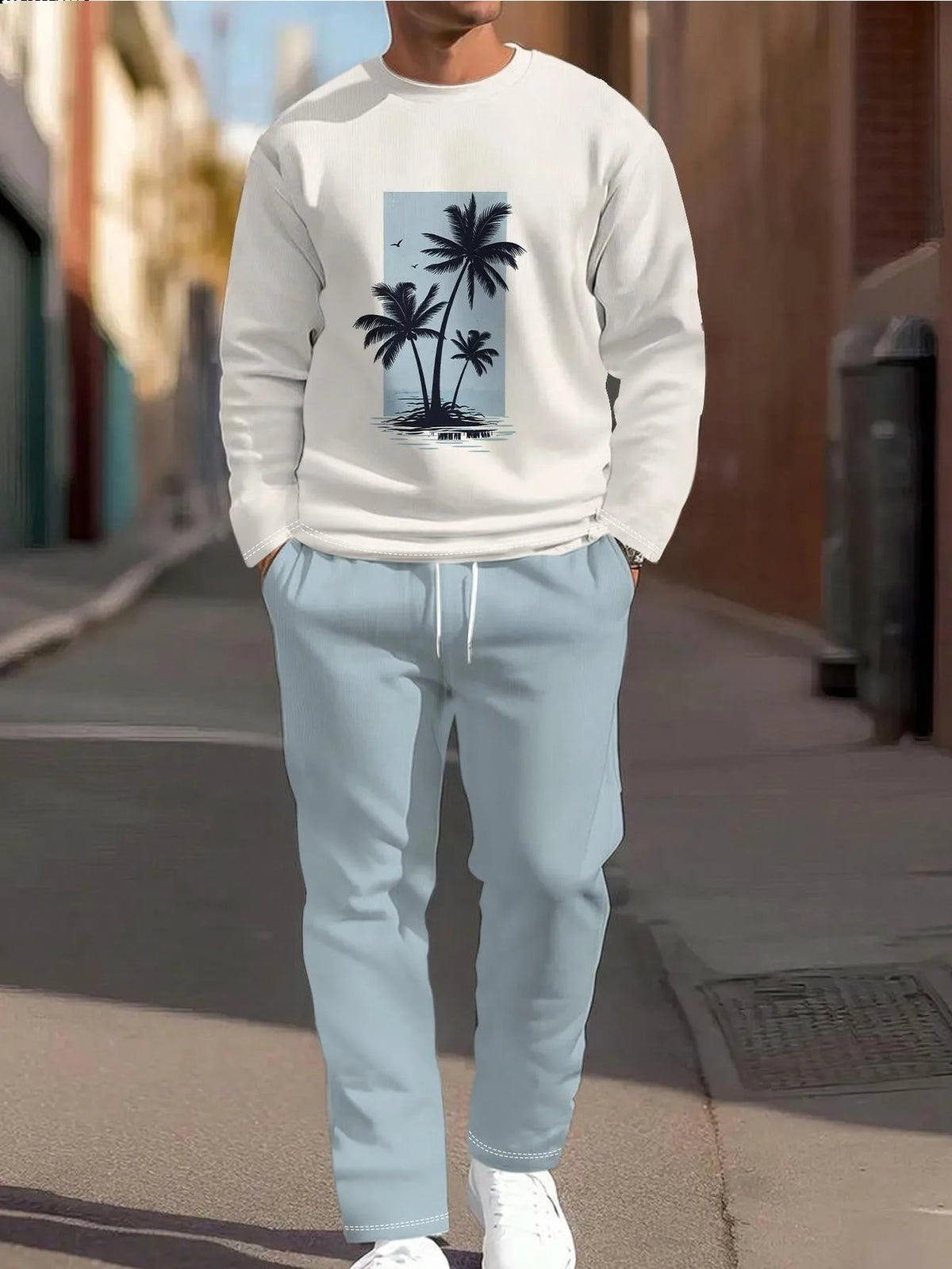 Men's Palm Tree Print Crew-Neck Sweatshirt
