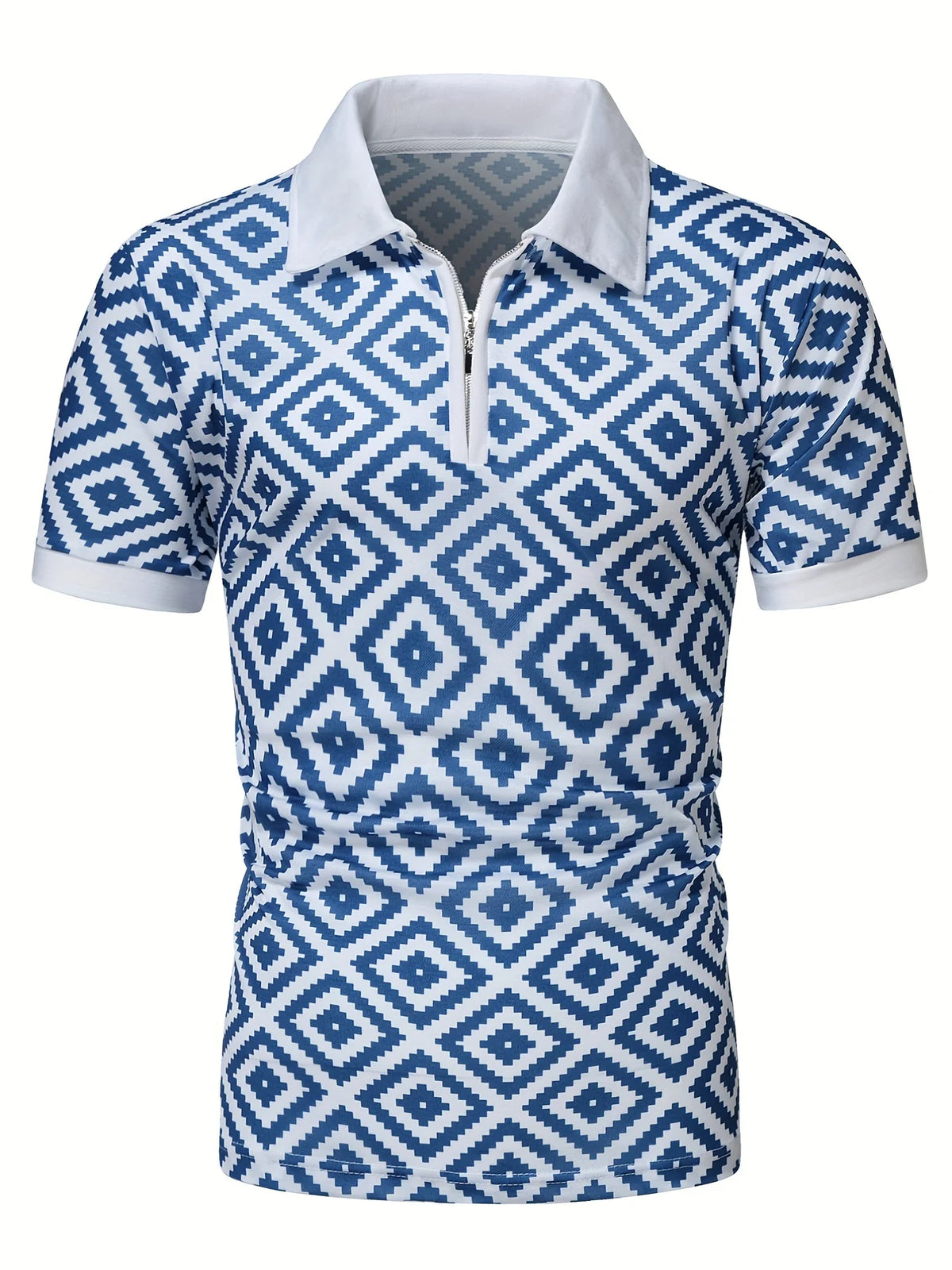 Men's Striped Short-Sleeve Zip-Neck Polo Shirt
