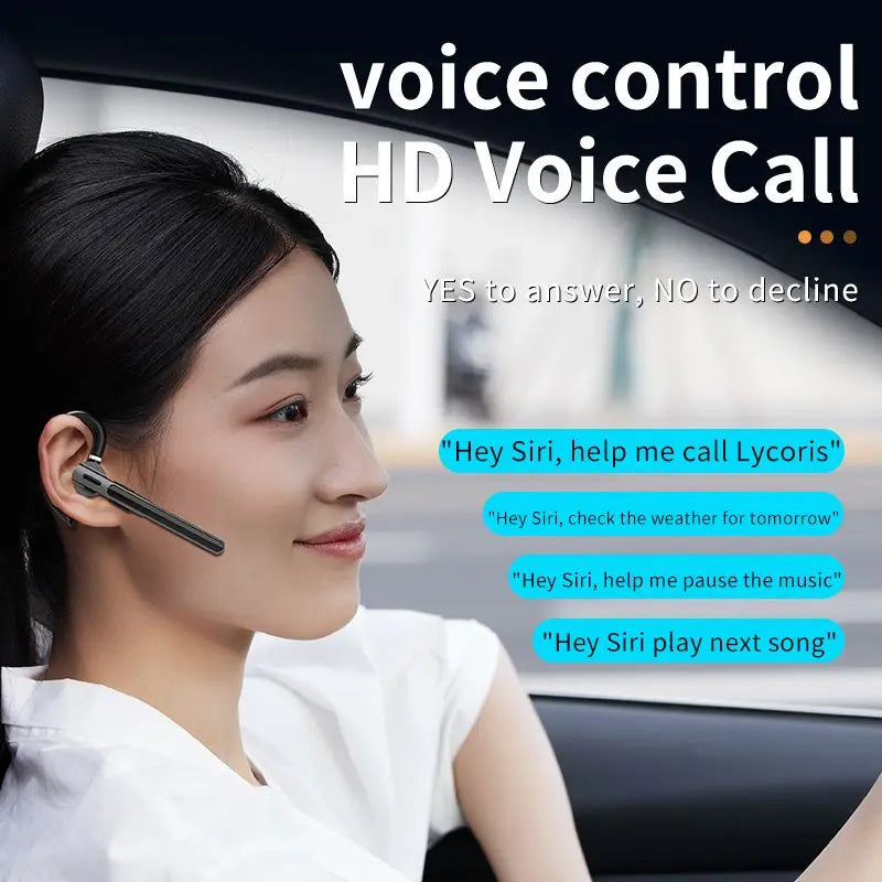 A woman in a white shirt sitting in a car demonstrates a black wireless earbud headset with a microphone boom, with text overlays advertising voice control HD Voice Call and example Siri commands.