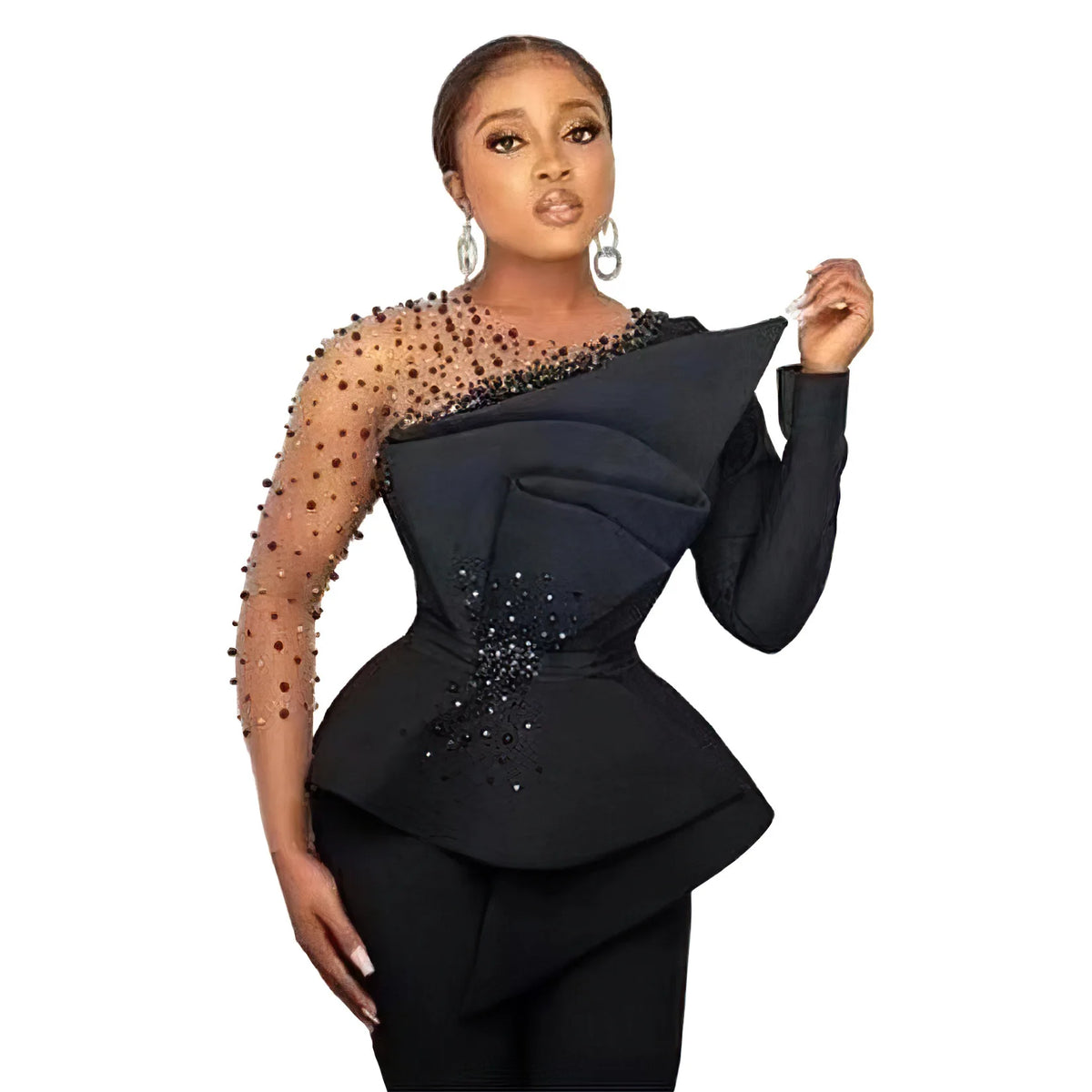 Women's Beaded Mesh Top & Wide-Leg Pants Set