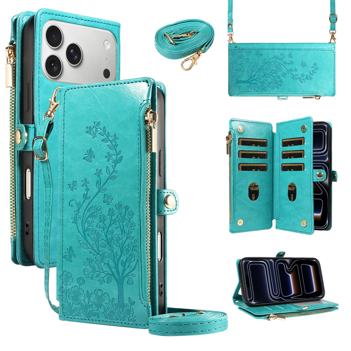 Floral Embossed Crossbody Zipper Wallet Phone Case for iPhone 11, iPhone 12 Pro Max, iPhone 11 Pro Max, iPhone 11 Pro, iPhone XS Max, iPhone XS, iPhone SE (2022), iPhone XR, iPhone 8 Plus, iPhone 8, iPhone 18 Pro & More Models