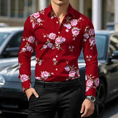 Men's Floral Print Long-Sleeve Casual Shirt