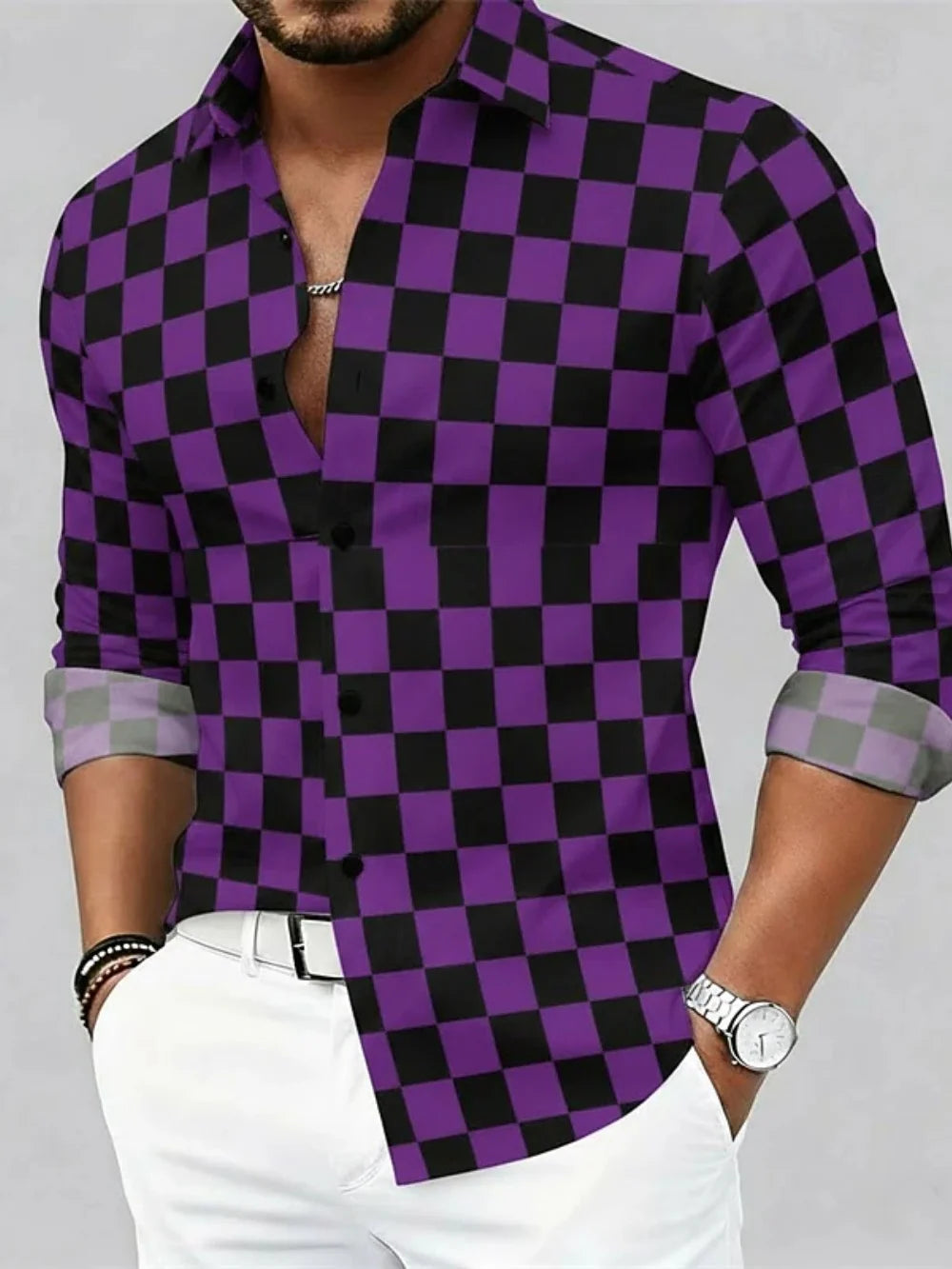 Men's Check Print Long-Sleeve Casual Shirt