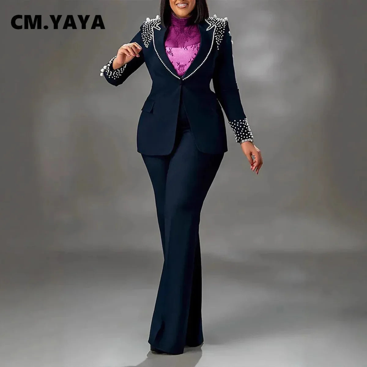 Women's Pearl-Detail Blazer & Wide-Leg Pants Set