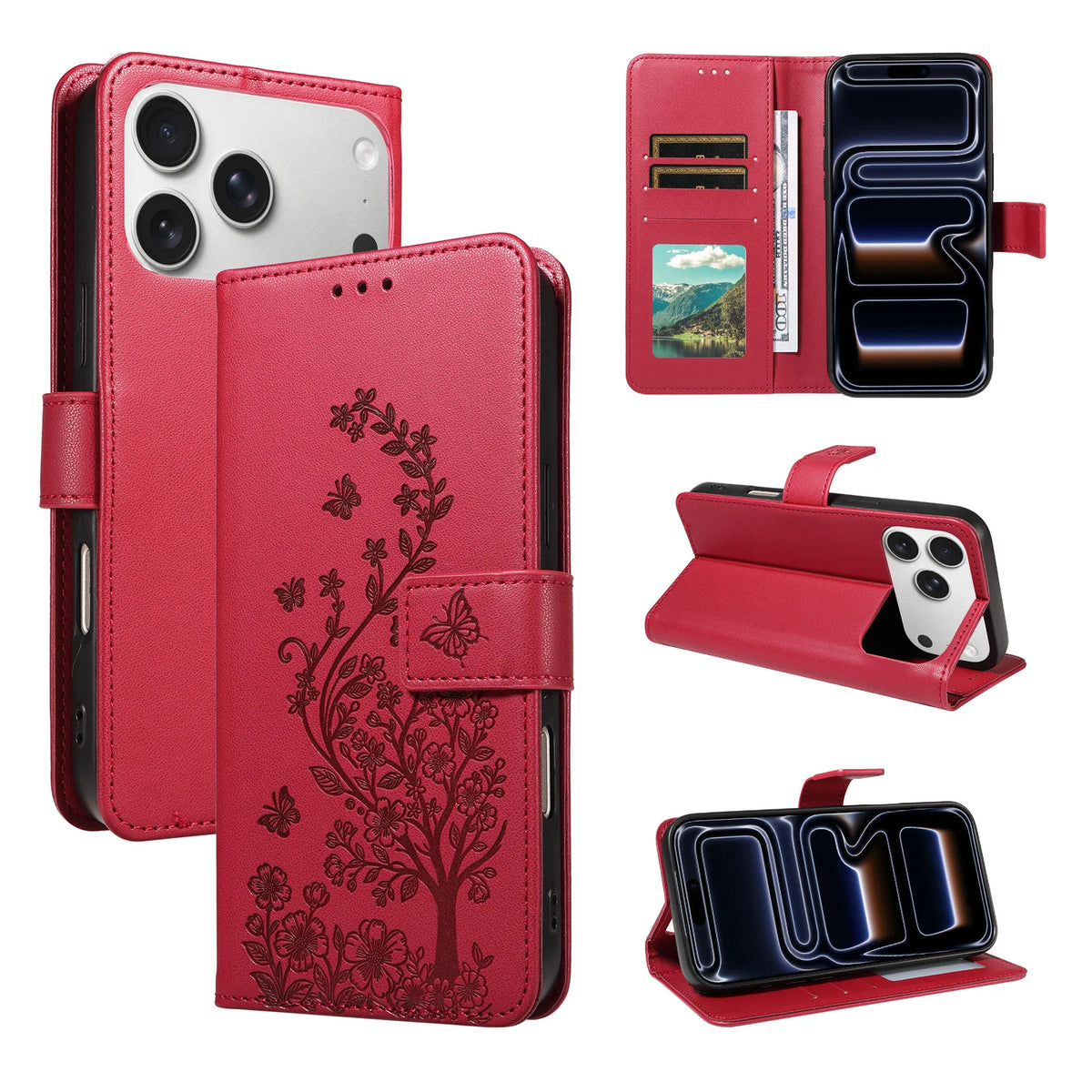 Floral Embossed Flip Wallet Phone Case for iPhone 15 Plus, iPhone 14, iPhone 14 Pro Max, iPhone 14 Plus, iPhone 14 Pro, iPhone 13, iPhone 13 mini, iPhone 13 Pro Max, iPhone 16 Pro, iPhone 16 Plus, iPhone 16, iPhone 16 Pro Max & More Models