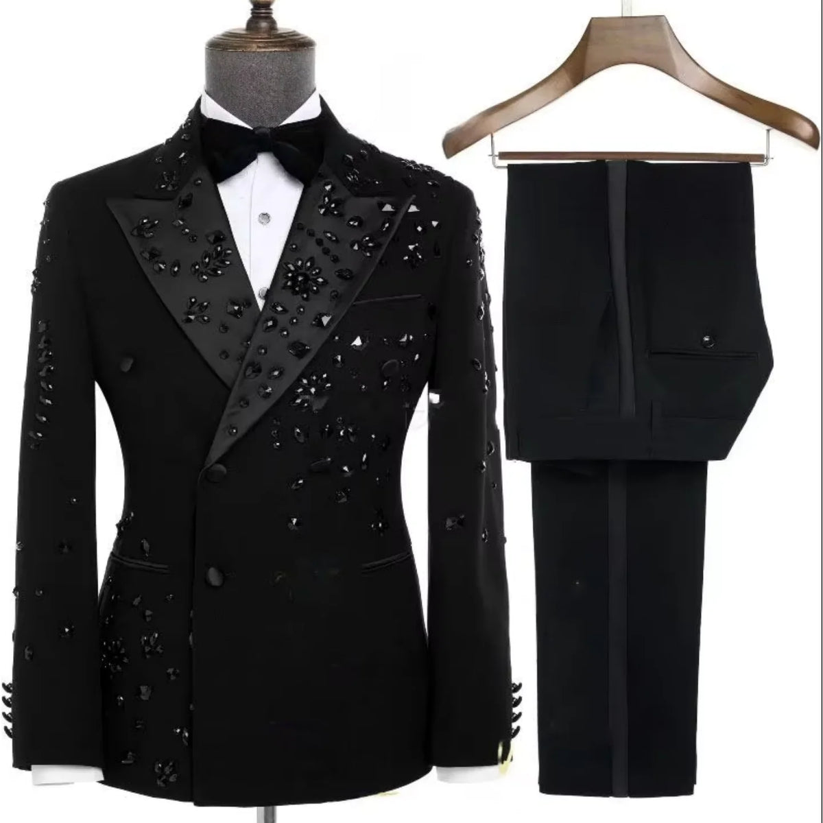 Men's Black Beaded 2-Piece Double-Breasted Suit Set — product view