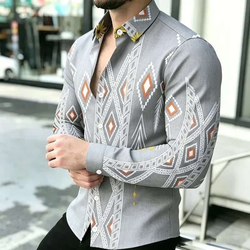Men's Geometric Print Long-Sleeve Casual T-Shirt