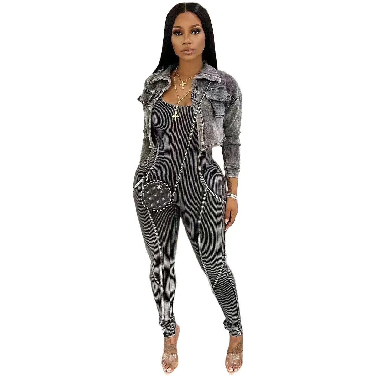 Women's V-Neck Jacket & Fitted Jumpsuit Set