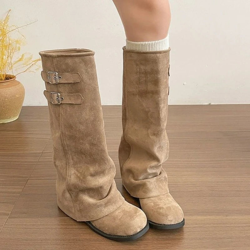 Women's Foldover Wedge Boots with Buckle Detail — product view