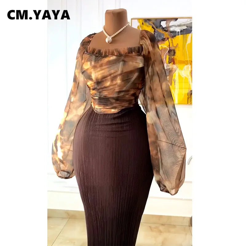 Women's Printed Mesh Top & Maxi Skirt Set