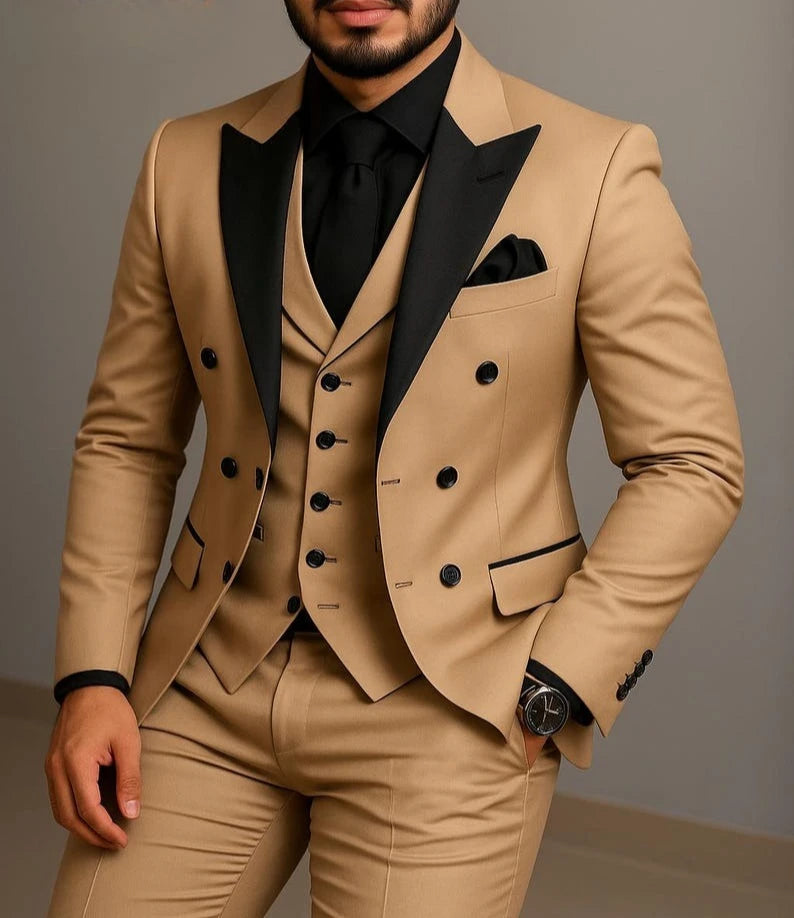 Men's Beige Slim-Fit Double-Breasted Suit Set — product view