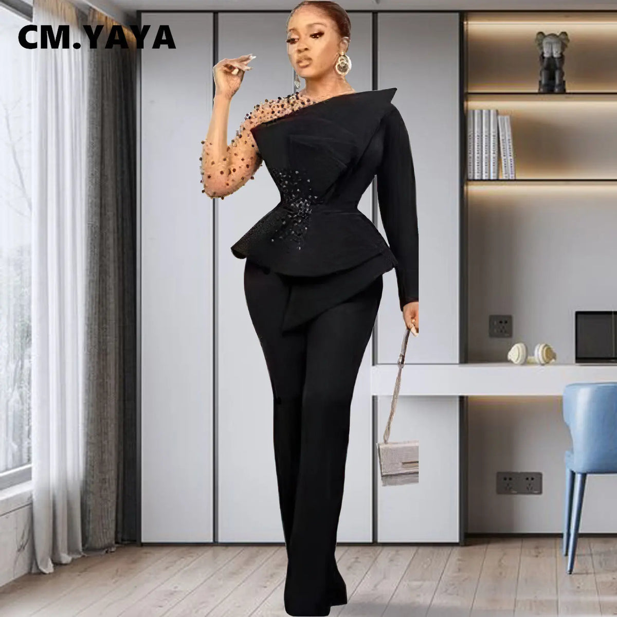 Women's Beaded Mesh Ruffle Blazer & Pants Set