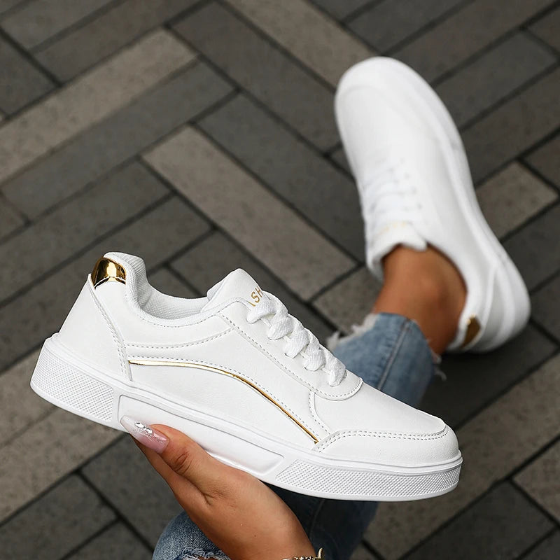 Women's White Sneakers with Silver Trim — product view