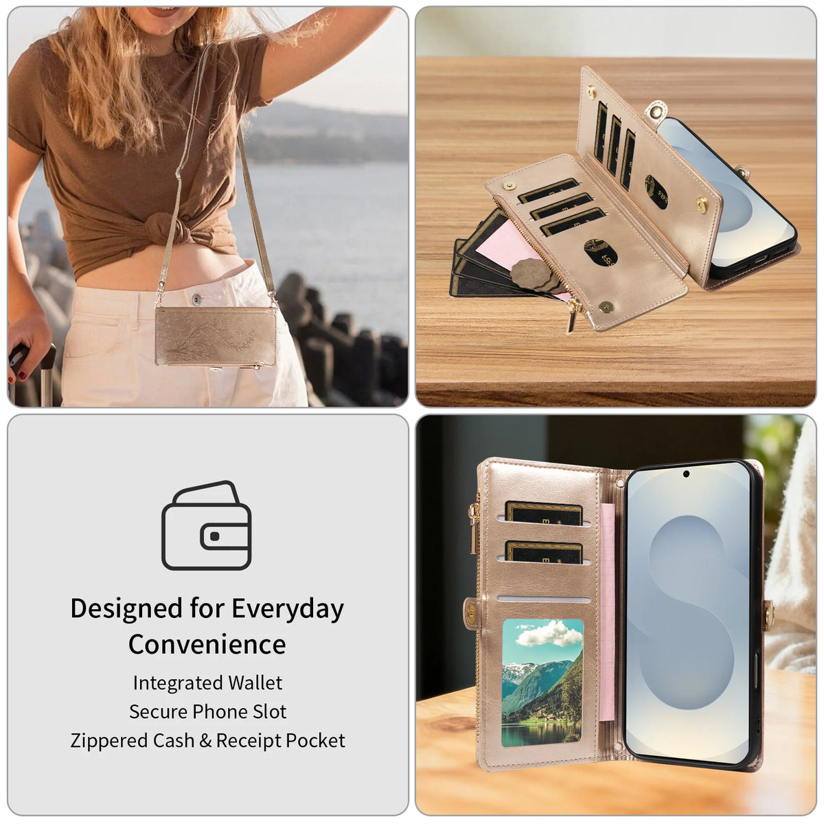 Floral Embossed Crossbody Zipper Wallet Phone Case for Samsung Galaxy S21+ 5G, S21 FE 5G, S21 Ultra 5G, S21, S20, S20 FE, S20+, S20 Ultra, S23 Ultra, S23 FE, S23+, S24 Ultra, S22+ 5G, S22 5G, S22 Ultra 5G, S23, S25 Ultra, S25 FE & More Models