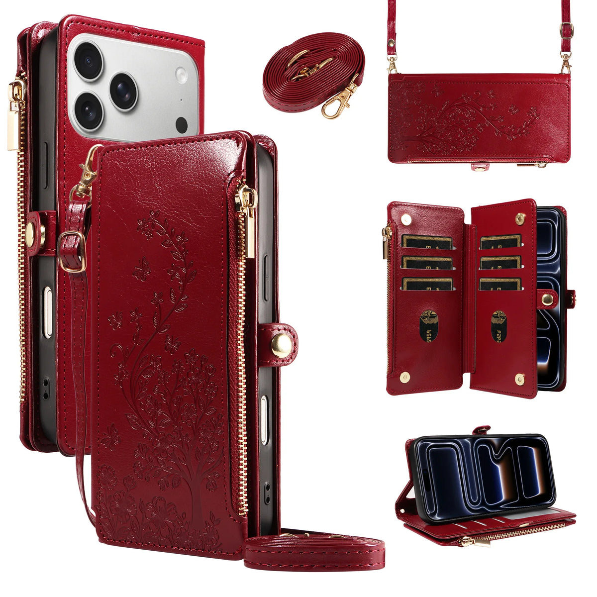 Floral Embossed Crossbody Zipper Wallet Phone Case for iPhone 11, iPhone 12 Pro Max, iPhone 11 Pro Max, iPhone 11 Pro, iPhone XS Max, iPhone XS, iPhone SE (2022), iPhone XR, iPhone 8 Plus, iPhone 8, iPhone 18 Pro & More Models