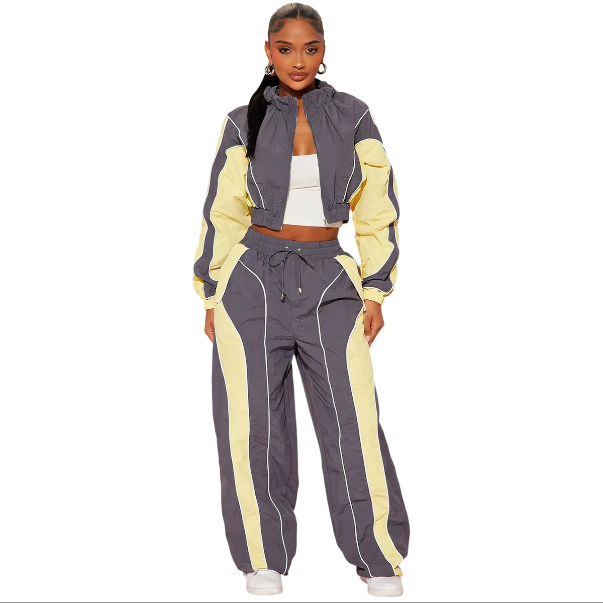 Women's Colour-Block Zip Jacket & Wide-Leg Pants Set