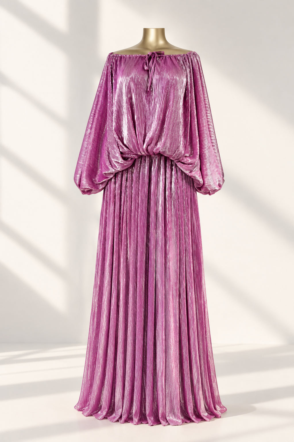 Women's Shiny Batwing-Sleeve Pleated Maxi Dress