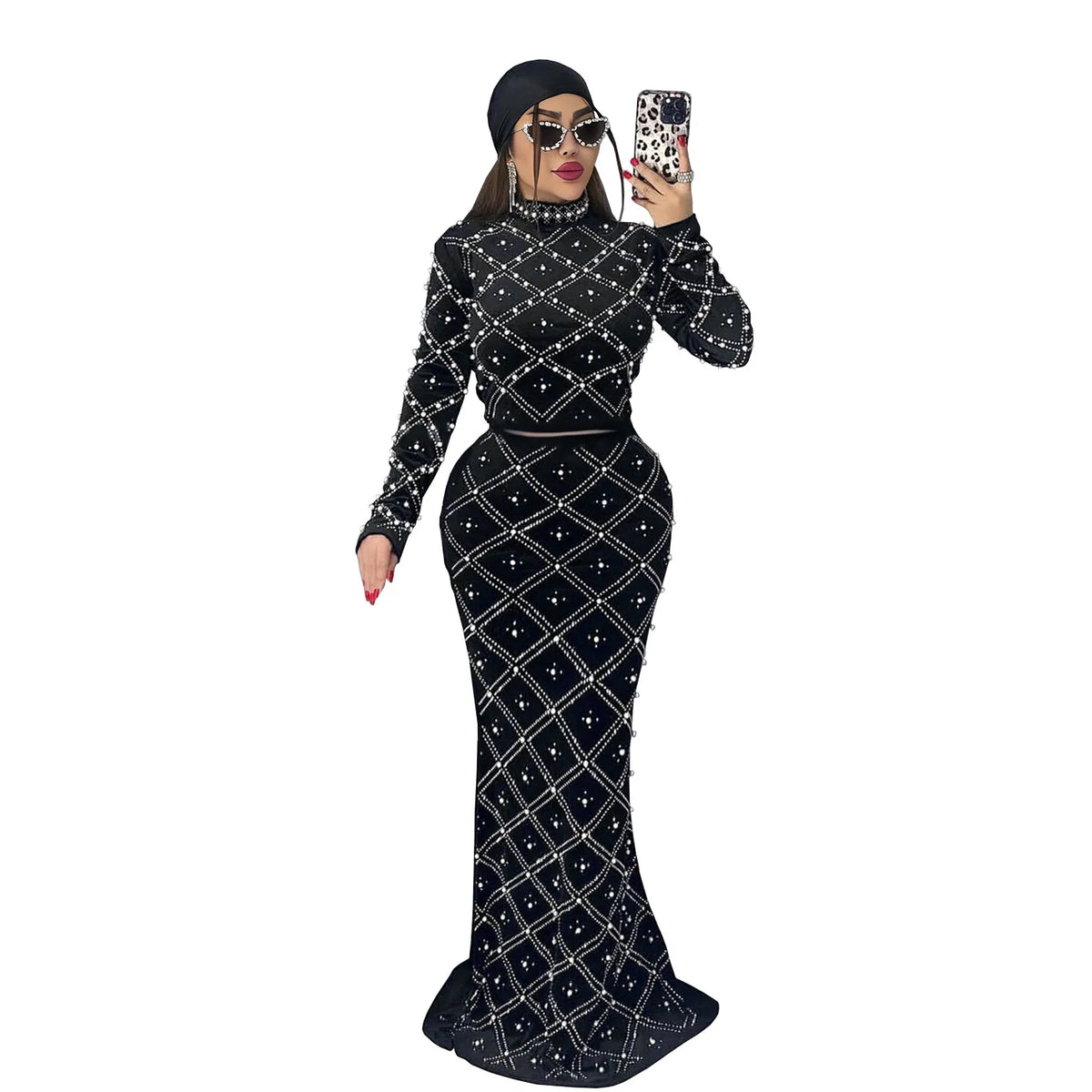 Women's Rhinestone-Detail Top & Maxi Skirt Set