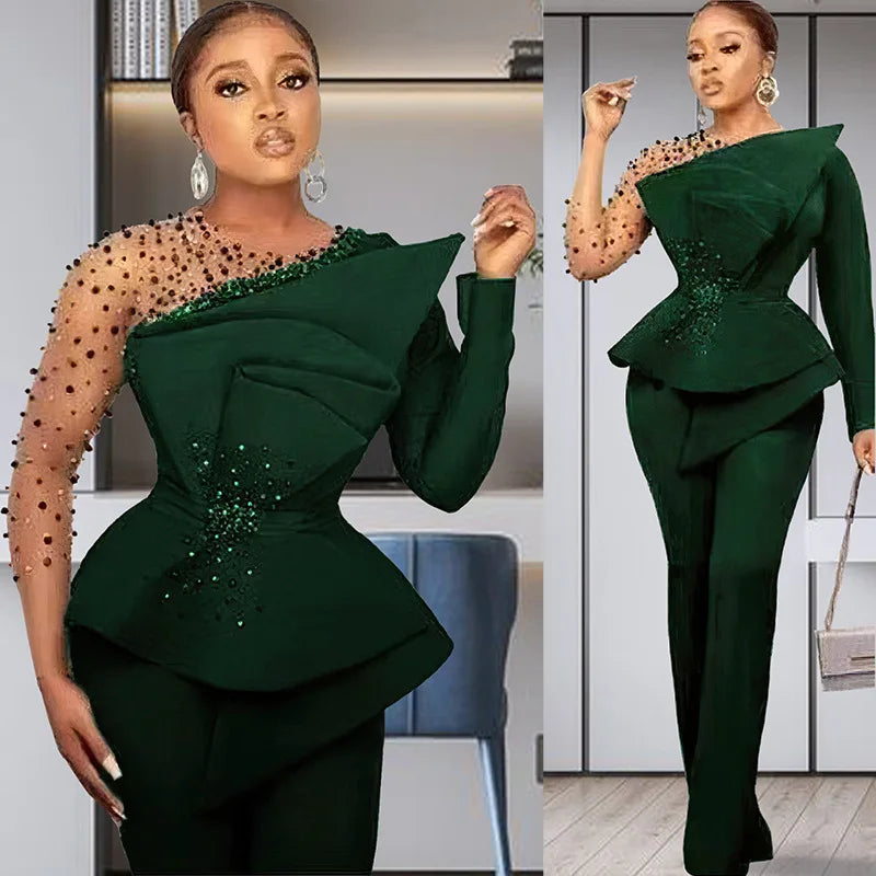 Women's Beaded Mesh Top & Wide-Leg Pants Set