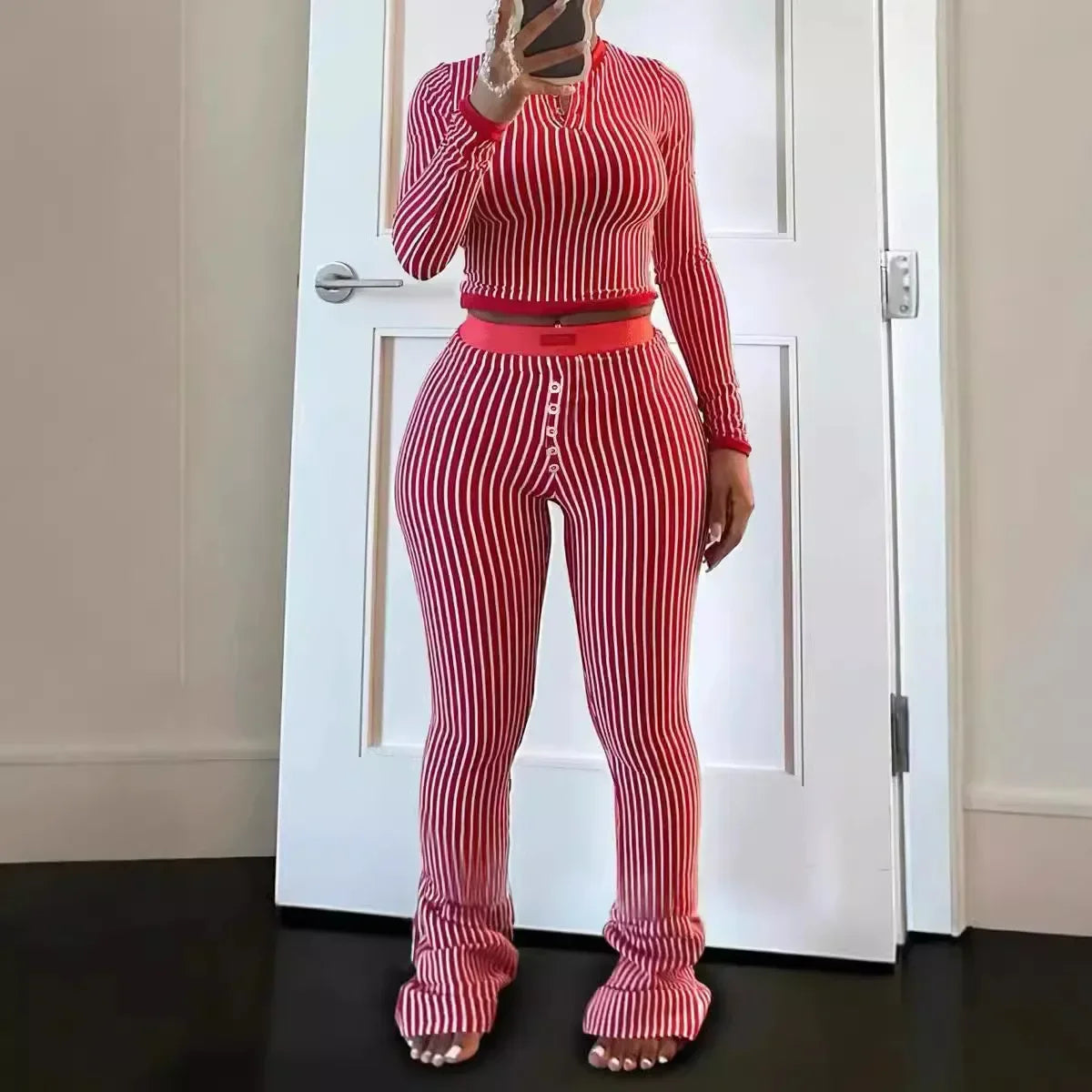 Women's Striped Crop Top & Flared Pants Set