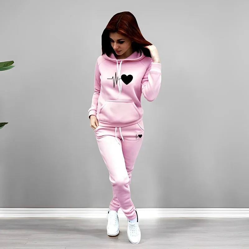 Women's Heart Print Hoodie & Pants Set