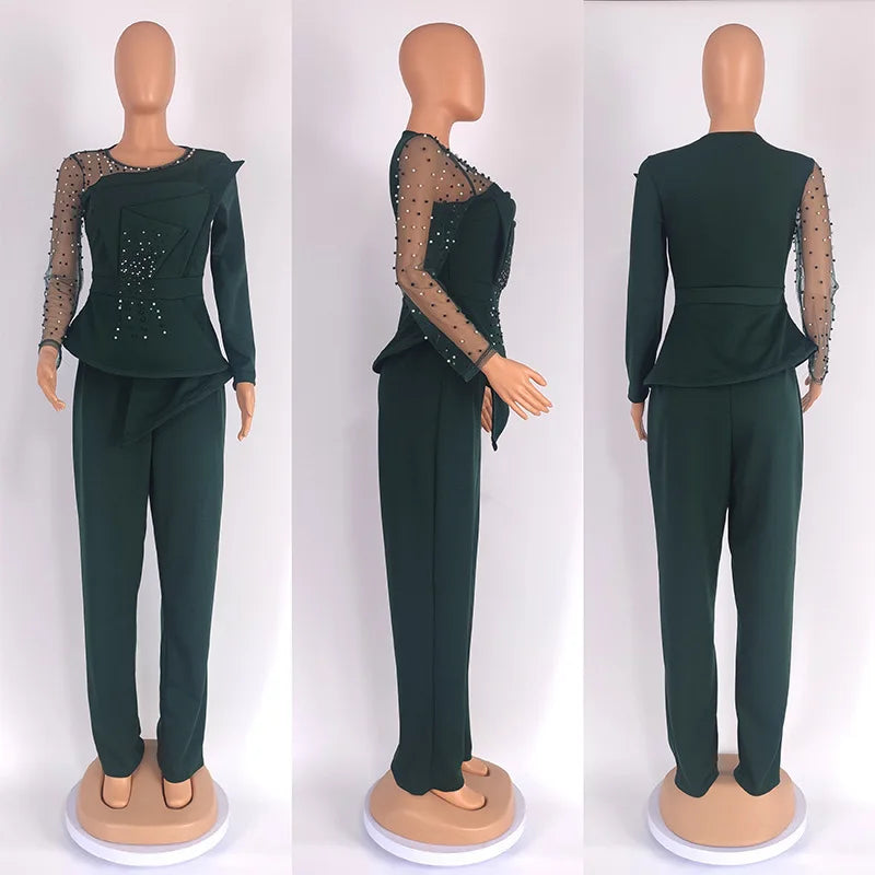 Women's Beaded Mesh Top & Wide-Leg Pants Set