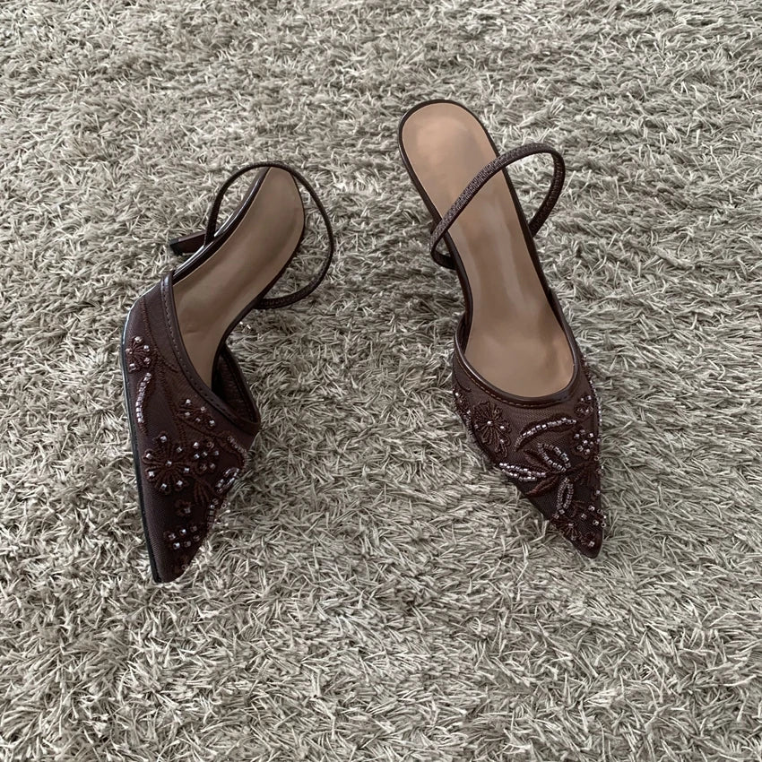 Women's Beaded Mesh Slingback Heels — product view