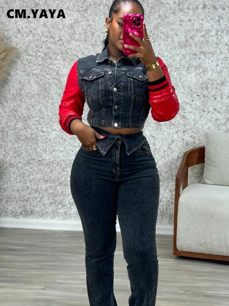 Women's Denim & Faux Leather Jacket & Jeans Set