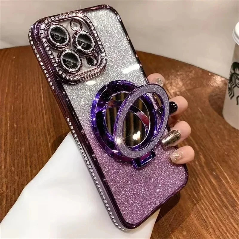 Glitter Magnetic Mirror Phone Case with Stand for iPhone 11 Pro, iPhone 11 Pro Max, iPhone 11, iPhone 14, iPhone 14 Pro, iPhone 13 Pro Max, iPhone 15, iPhone 15 Pro, iPhone 14 Pro Max, iPhone 12 Pro, iPhone 12 Pro Max, iPhone 12 & More Models